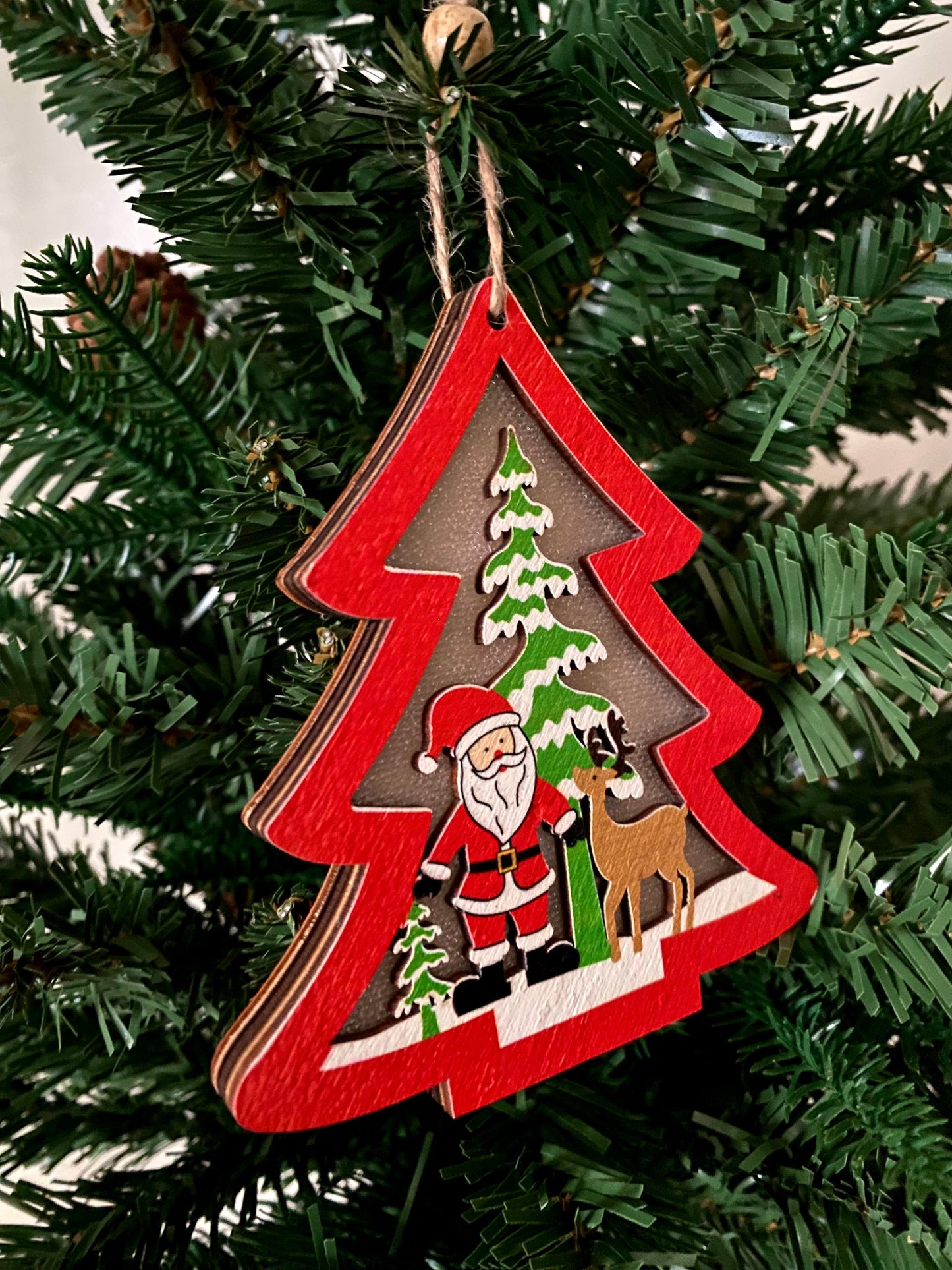 Lighted Wooden Christmas Tree Ornament (Santa & Reindeer)