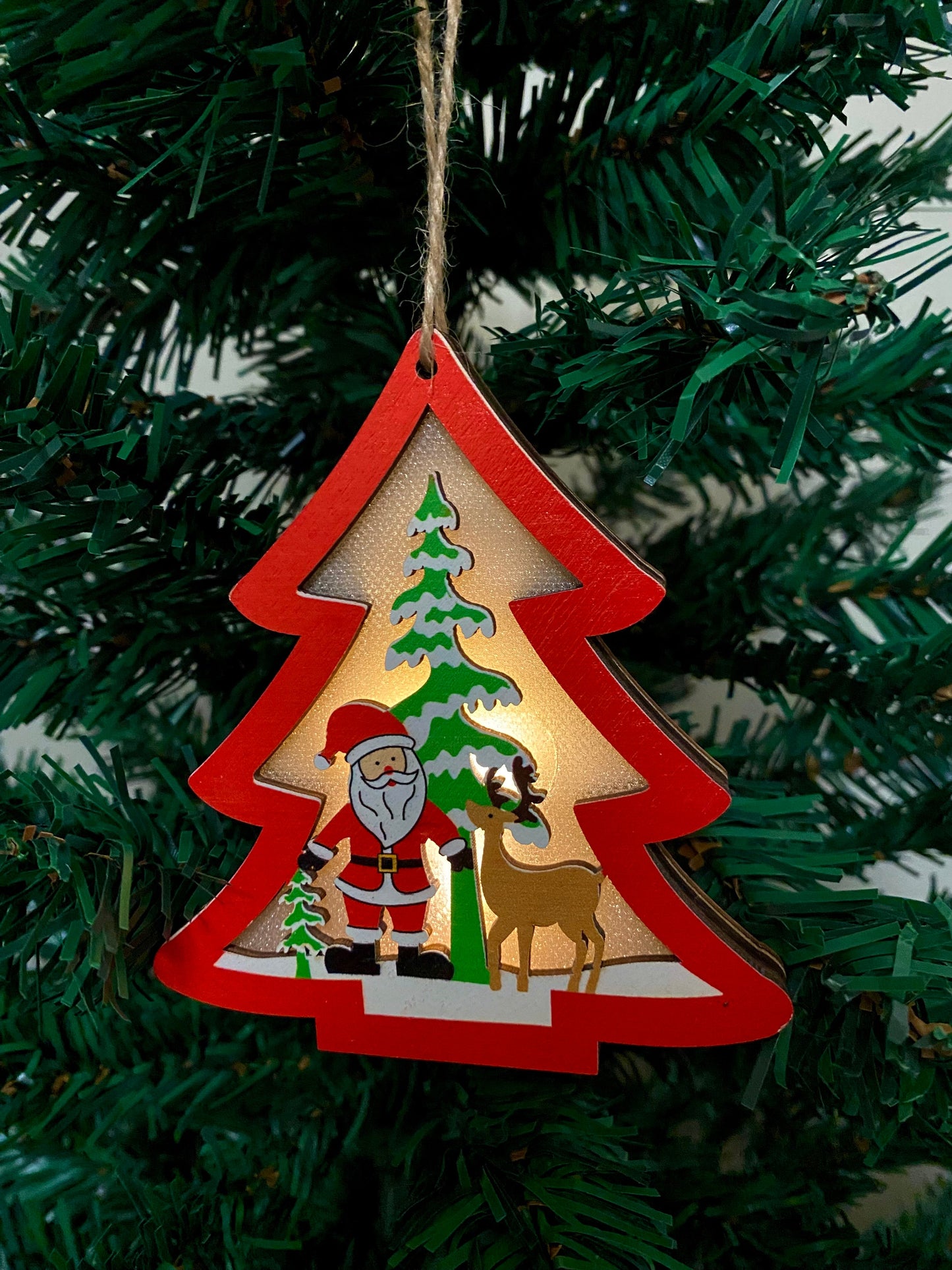 Lighted Wooden Christmas Tree Ornament (Santa & Reindeer)