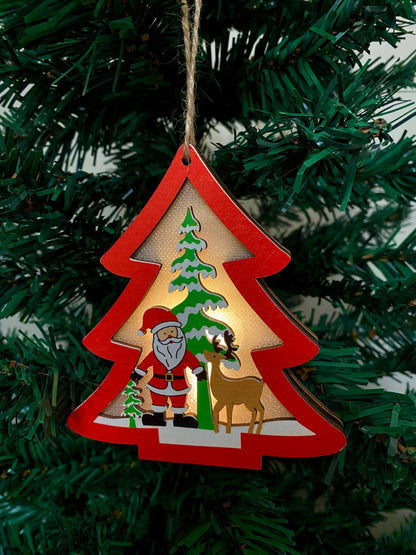 Lighted Wooden Christmas Tree Ornament (Santa & Reindeer)