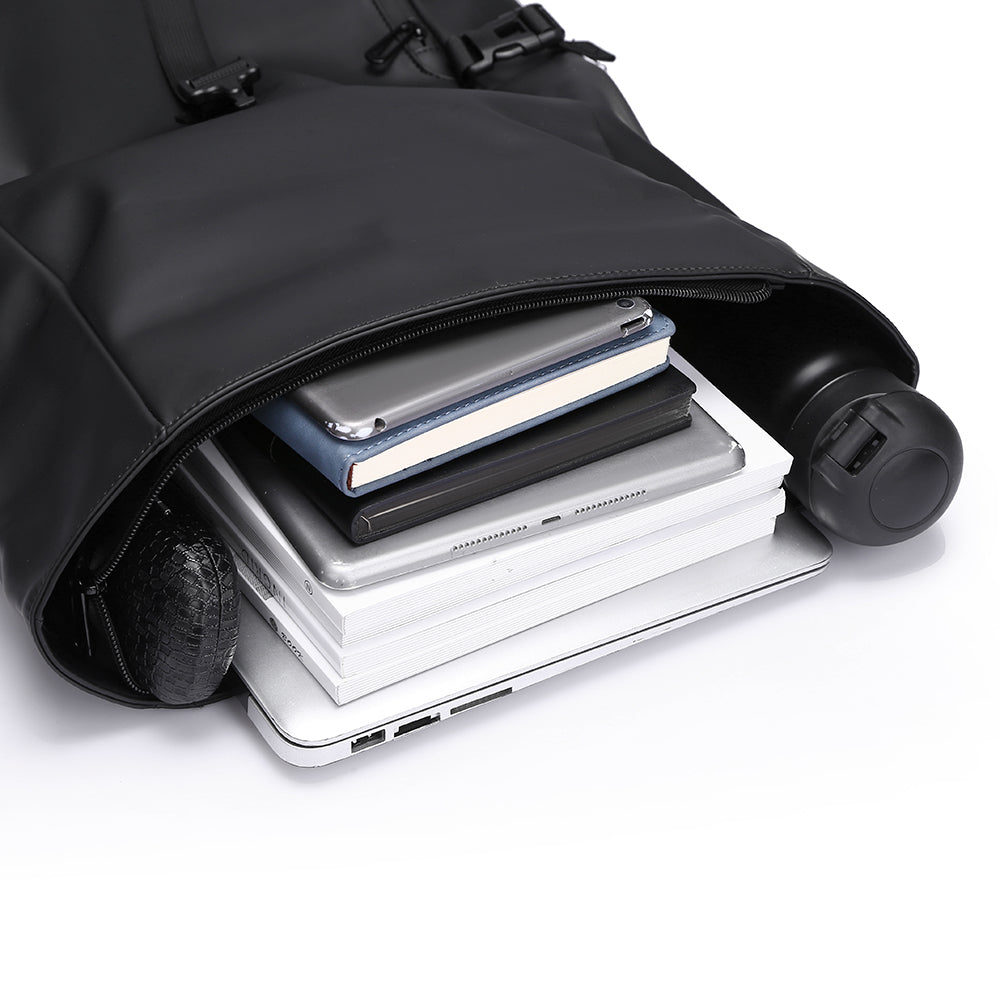 Roll Top Laptop Backpack Water-Resistant Commuter Travel Bag Black