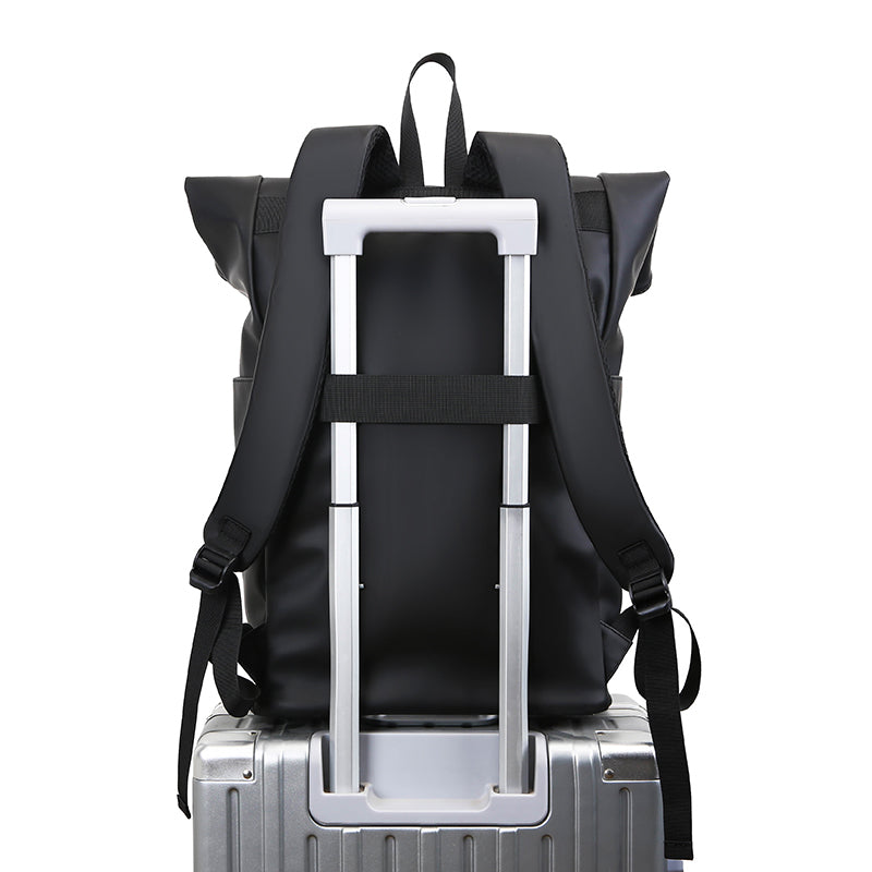 Roll Top Laptop Backpack Water-Resistant Commuter Travel Bag Black
